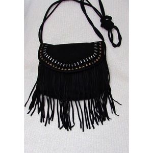Black embellished fringe cross body purse