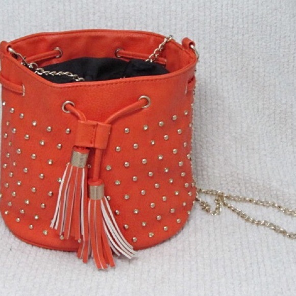 Orange studded/jeweled bucket cross body