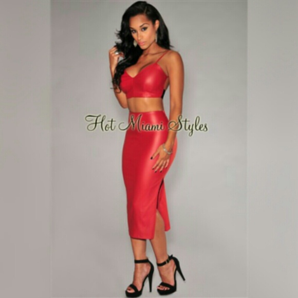 Hot Miami Styles Dresses & Skirts - 🚫SOLD🚫 Red Faux Leather Side Slit Two Piece Set