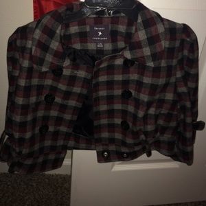 Burgandy, black, and grey button up blazer