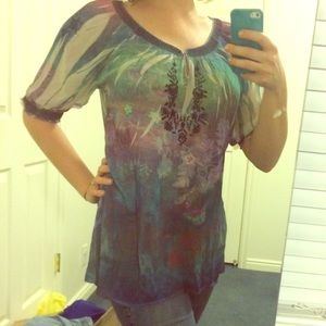Loose sheer tunic w/ embroidered accents
