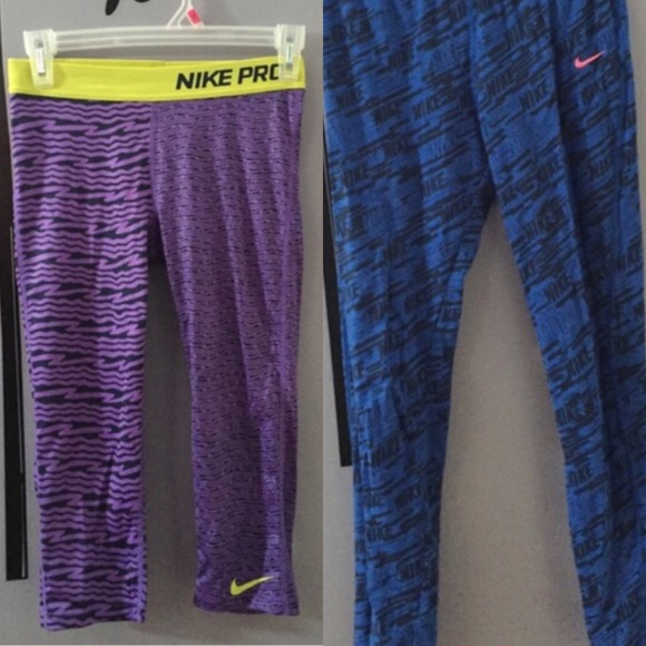 Two NIKE leggings one blue and one purple Capri