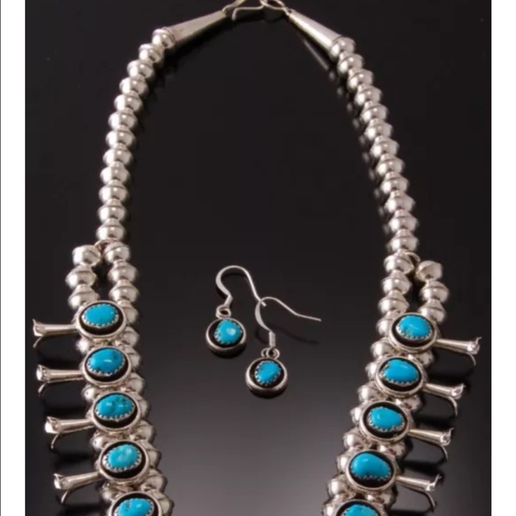 Navajo Sterling Silver Turquoise Squash Blossom - Picture 2 of 4