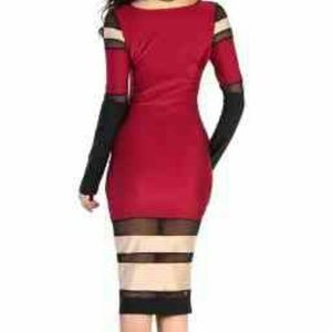 Red Long Sleeve See Through Mesh Clubwear Midi Dre