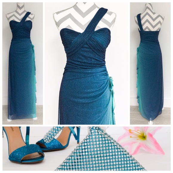 Shimmery Teal Ruched Gown - Picture 5 of 6