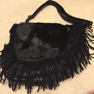 Black leather fringed & cow hide handbag