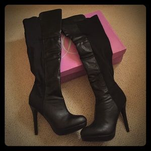Leather, Over-the-knee heeled black boots