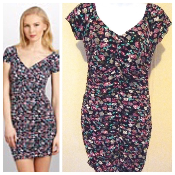 PINK ROSE Floral Ruched Casual Bodycon Dress, Sz M