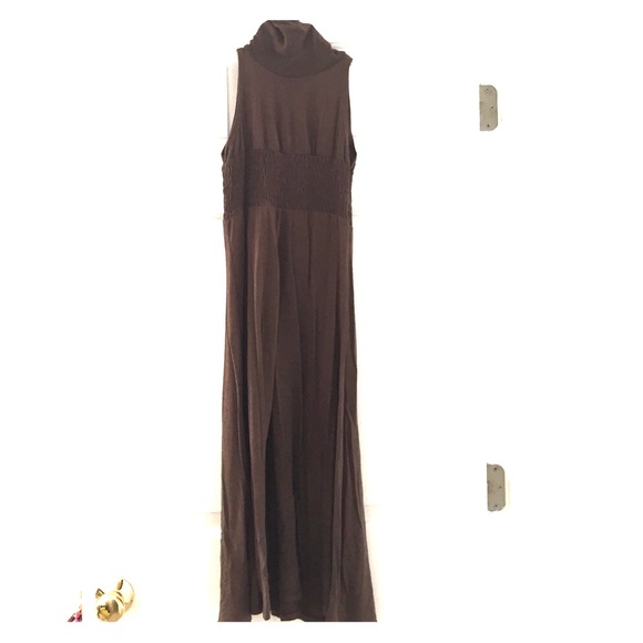 Turtleneck Sleeveless Brown Cotton Dress