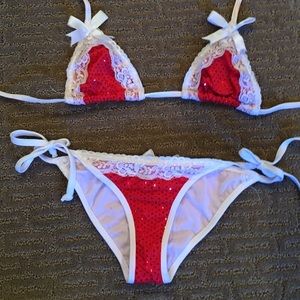 Red bow pucker back sequin bikini