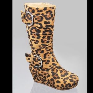 Kids rhinestone buckle zipper wedge leopard boots