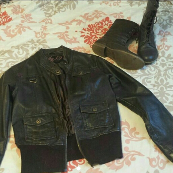 Dark brown leather jacket.