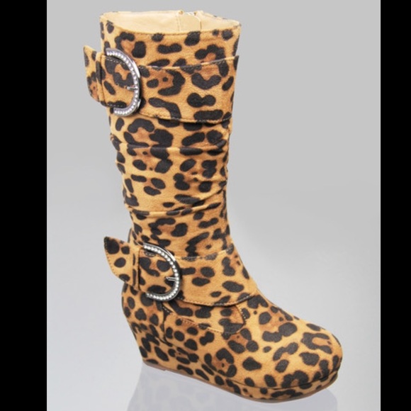 Kids rhinestone buckle zipper wedge leopard boots - Picture 1 of 3