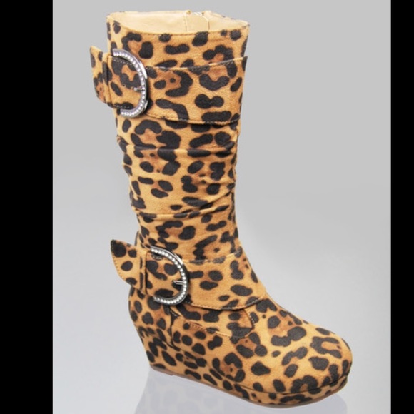 Kids rhinestone buckle zipper wedge leopard boots - Picture 1 of 3