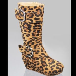 Kids rhinestone buckle zipper wedge leopard boots