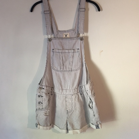 White and navy striped shortall overall shorts
