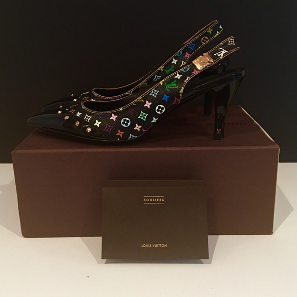 LV MULTICOLOR HEELS GOLD TONE STUDS