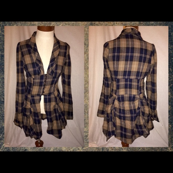 Forever 21 Tops - Navy tan plaid flannel peplum flare shirt tunic