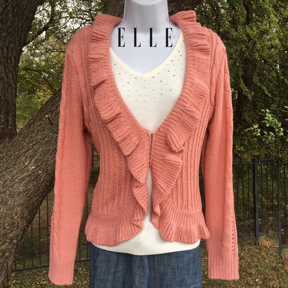 Elle Sweaters - Lovely ELLE Coral Almond Ruffle Cardigan Sweater