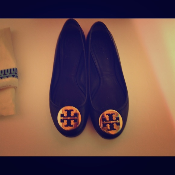 Tory Burch Shoes - Tory Burch Black Gold Leather Flat