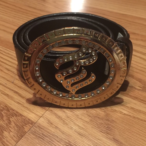 RocaWear Gold/Rhinestone Buckle Black Leather Belt