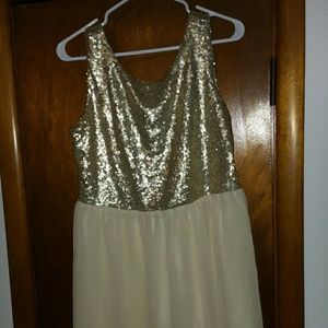 Short gold sequin and tan dress