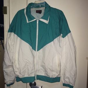 Green and white windbreaker.
