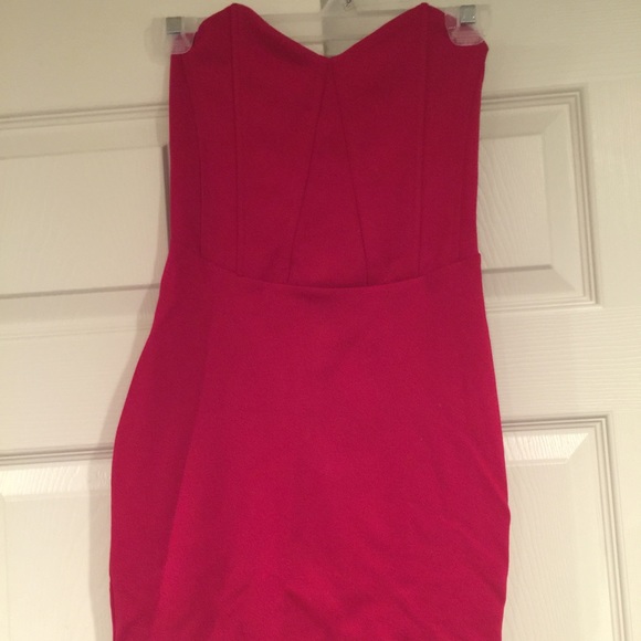 Strapless red dress.