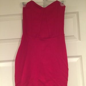 Strapless red dress.