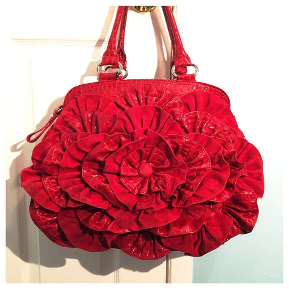 Red Ruffle Suede & Patent Leather Handbag