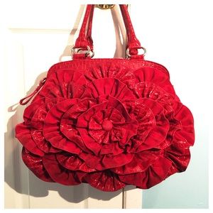 Red Ruffle Suede & Patent Leather Handbag