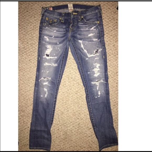 True Religion ripped jeans, boyfriend cut