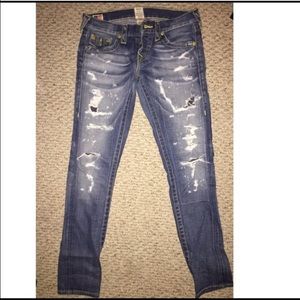 True Religion ripped jeans, boyfriend cut