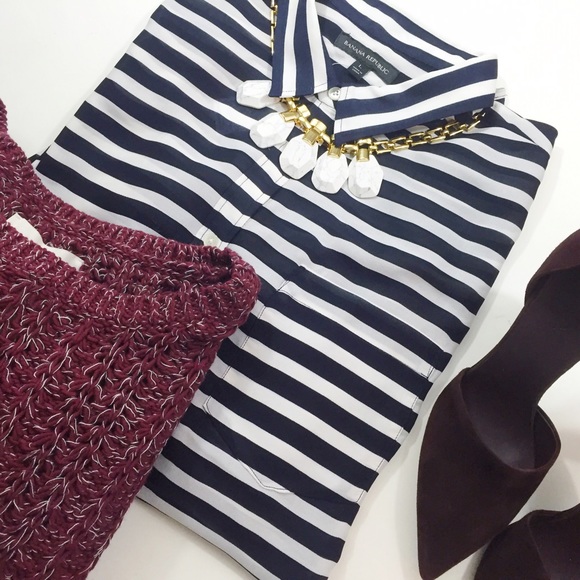Banana Republic Tops - FINAL Navy and White Striped Button Down Blouse