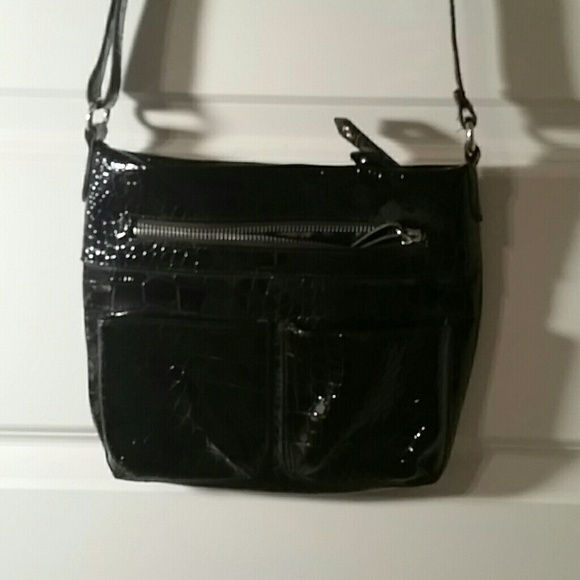 Black Patent Leather Faux Crocodile Crossbody