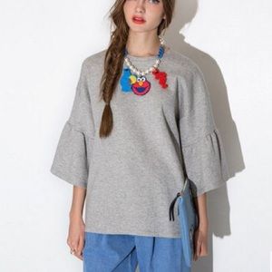 crew neck puff sleeves gray tops