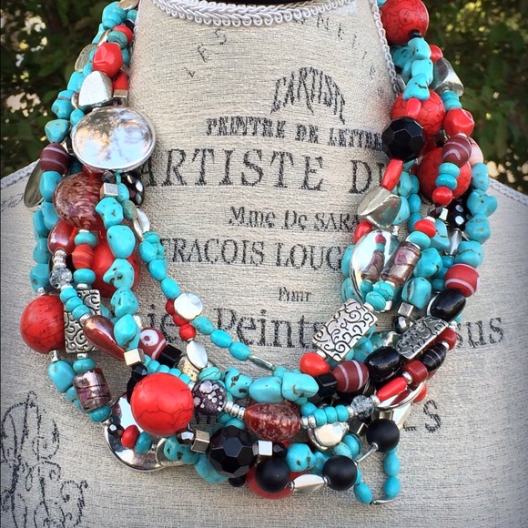 turquoise, red & silver statement necklace - Picture 1 of 1