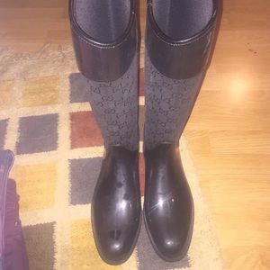 Black leather authentic below the knee rain boots
