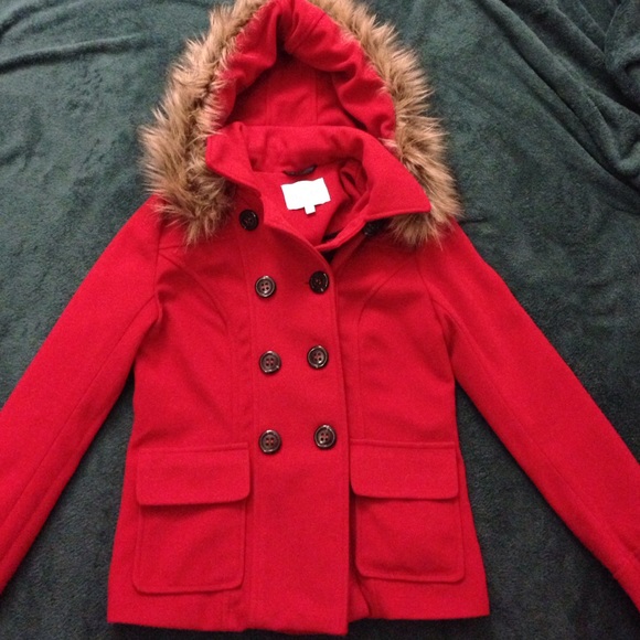 Bright red pea coat with detachable hood