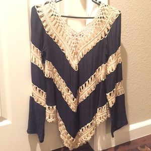 Navy blue and tan crochet long sleeve