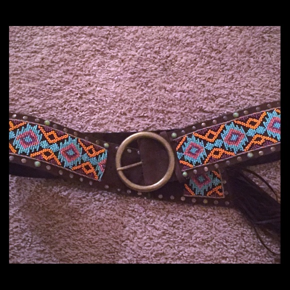 Tasha Polizzi beaded leather belt with fringe.