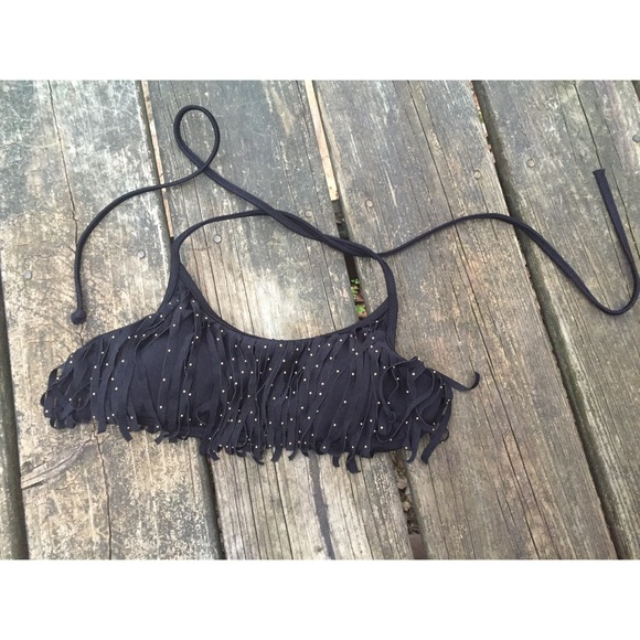 NWOT Black and gold studs fringe bikini top - Picture 1 of 4