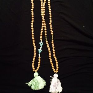 Wooden beaded tassel necklaces in a pair