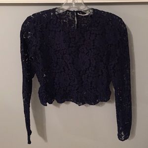 Navy Blue Lace Crop Top with Ruffle Hem