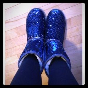 Blue and Silver Reversible Sequin Ugg Boots Size 8