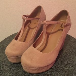 Tan T strap wedges