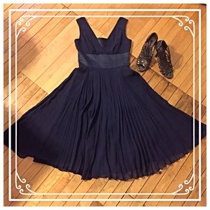 BCBG navy silk chiffon pleated a-line dress