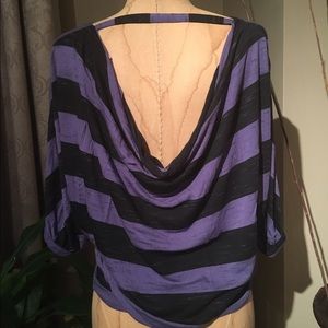 NWOT Splendid Blue Black Striped Loose Fit Elbow Sleeve Open Back Blouse Top XS