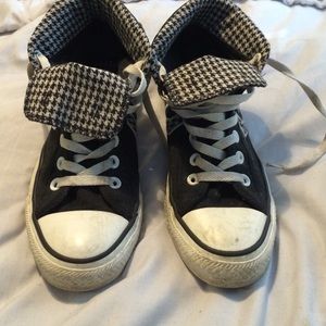 Black and white hounds tooth high top chucks