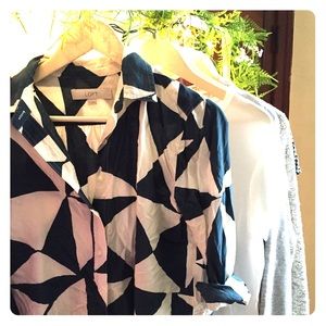 White & Teal Pattern Button Up